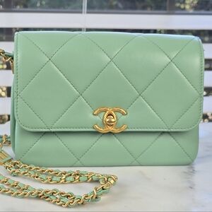 Chanel 21K Mint Quilted Calfskin Rare Enamel Letter Chain Flap Bag